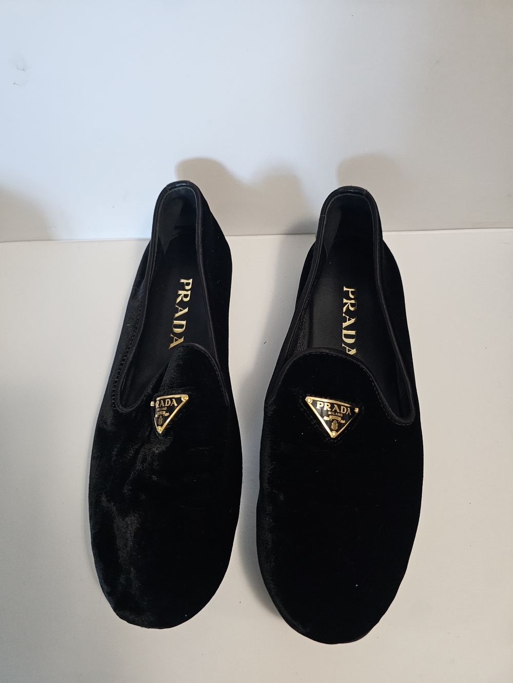 Prada Black Velvet Loafers with Gold Triangle Logo